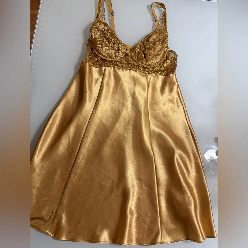 Victoria's Secret Gold Satin Lace Chemise